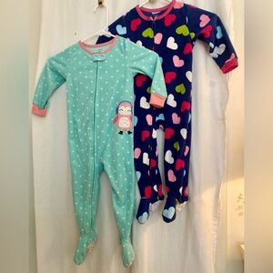 Set of 2 Carter's Footies Navy Blue Hearts/Light Blue Hearts & Penguin Size 2T